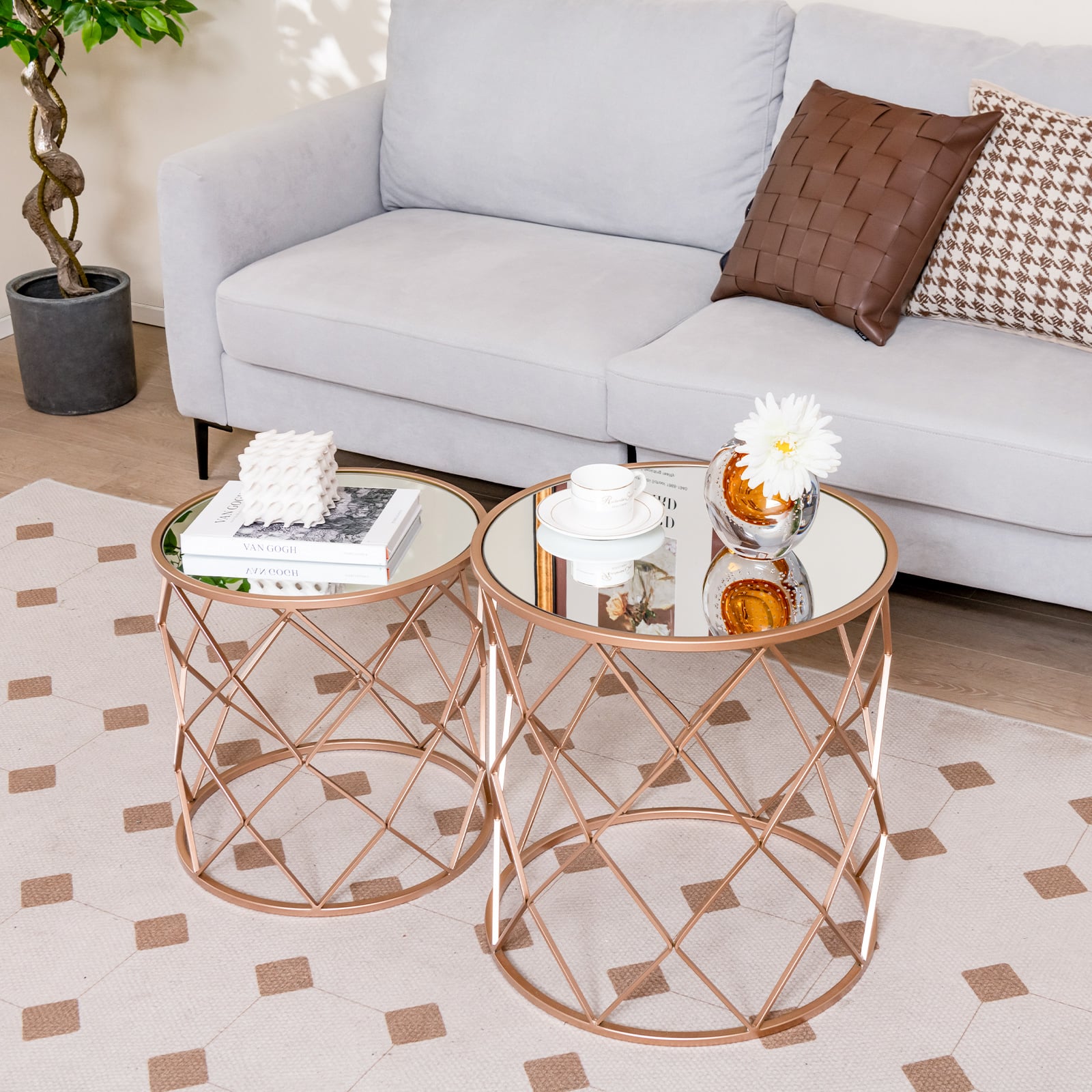 Stackable Metal Frame End Table Set of 2 with Mirrored Top-Rose Gold