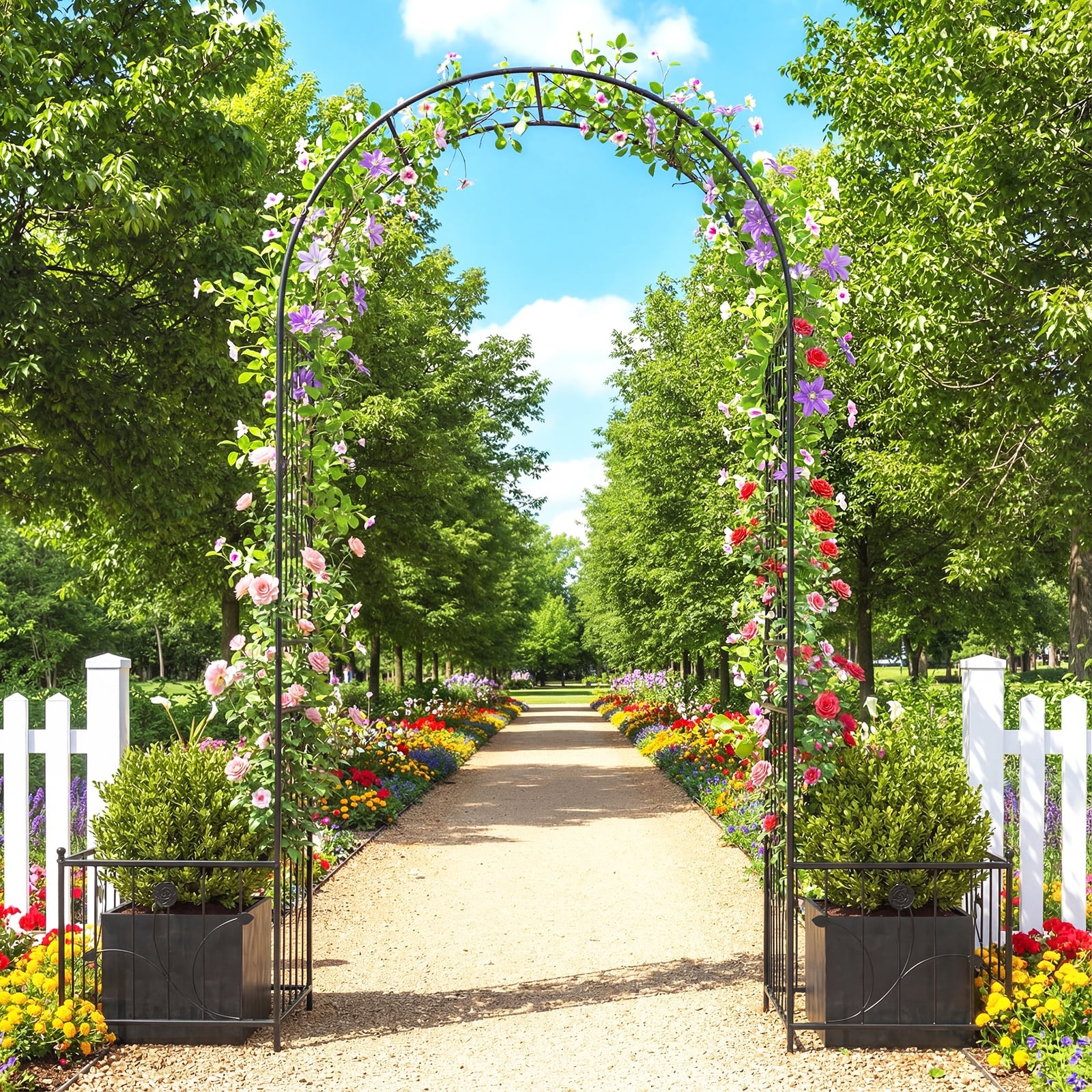Metal Garden Arbor with Planter Boxes and Ground Stakes for Climbing Plants