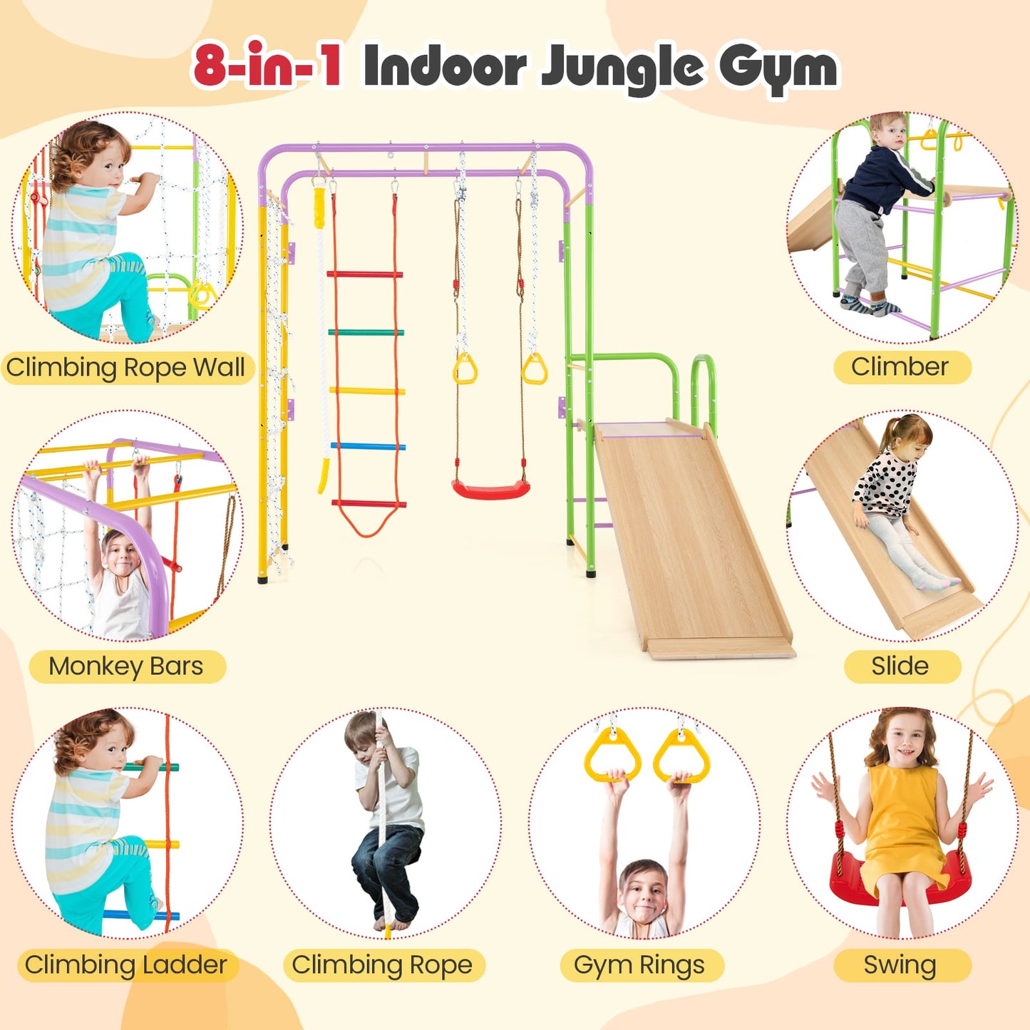 Metal Indoor Jungle Gym 8-in-1 Climbing Playset for Ages 3+-Colourful