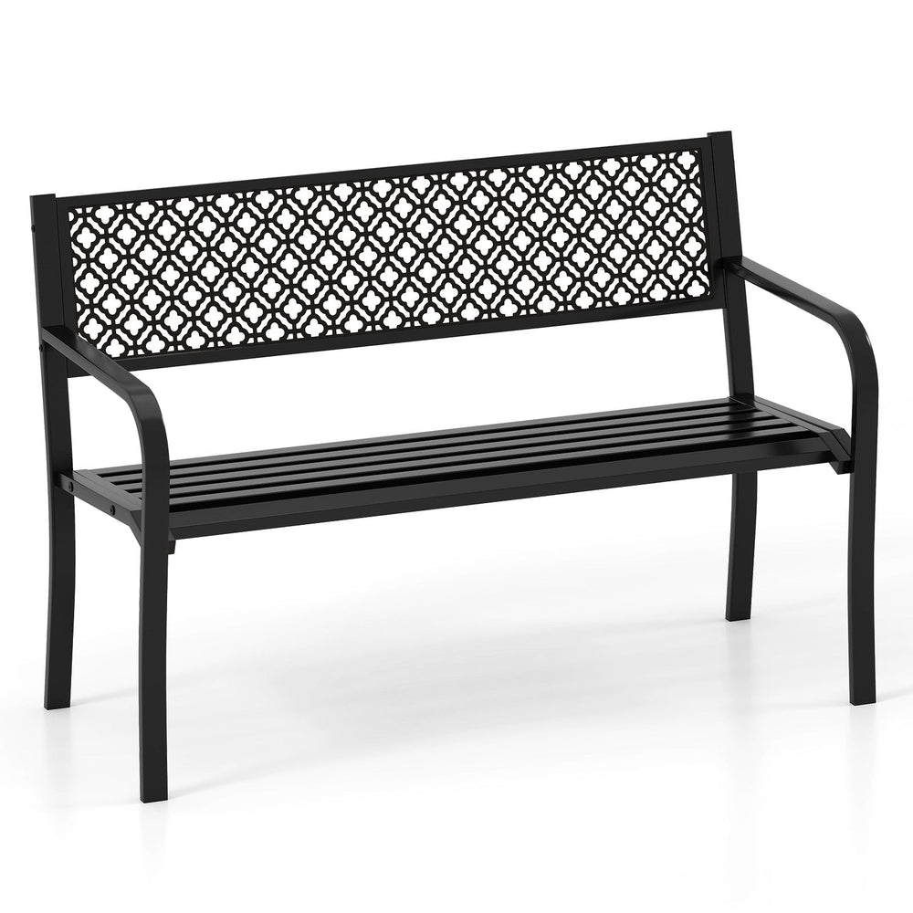 Metal Outdoor Garden Patio Bench with Geometric Lattice Backrest-Black