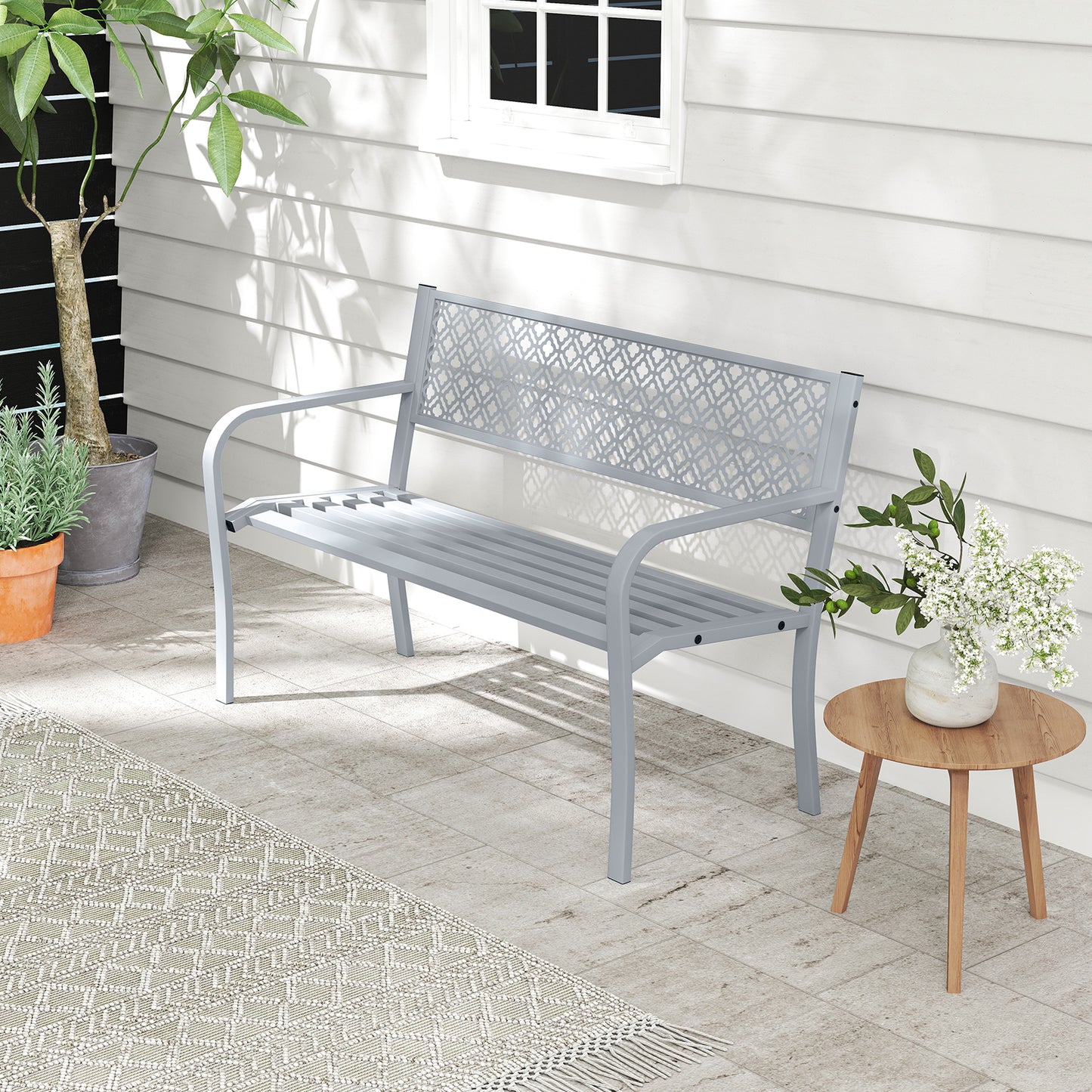 Metal Outdoor Garden Patio Bench with Geometric Lattice Backrest-Grey