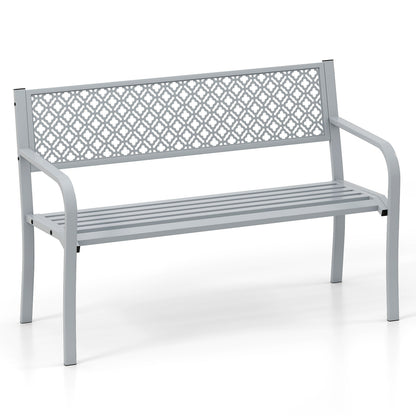 Metal Outdoor Garden Patio Bench with Geometric Lattice Backrest-Grey