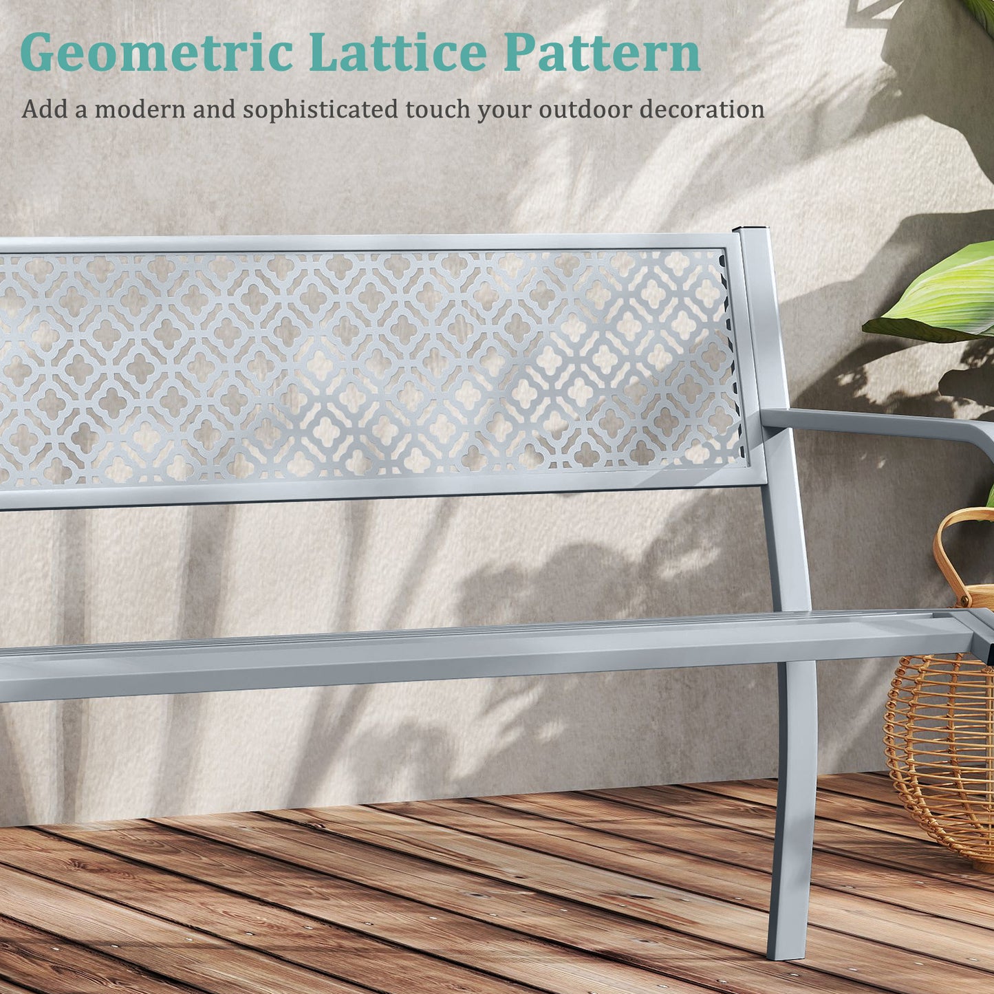Metal Outdoor Garden Patio Bench with Geometric Lattice Backrest-Grey