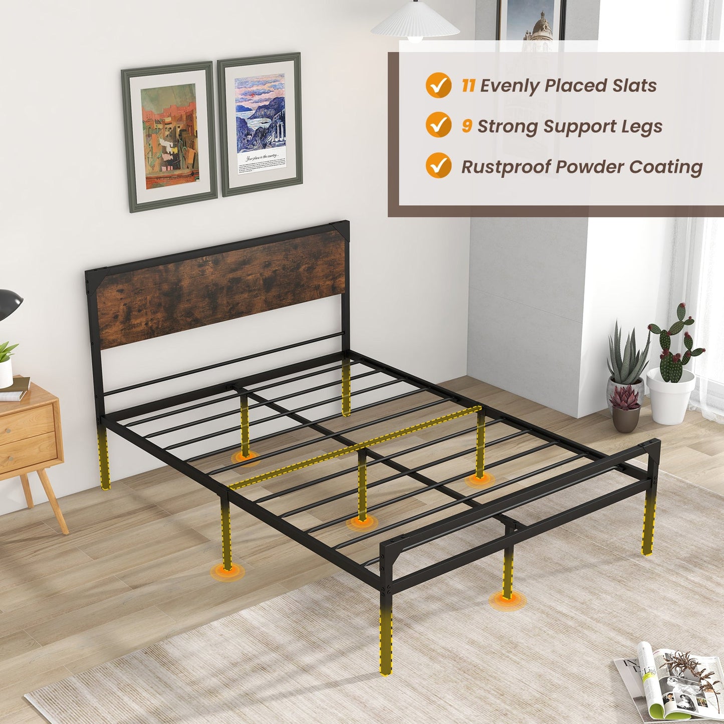 Metal Platform Bed with 9 Support Legs-Queen Size