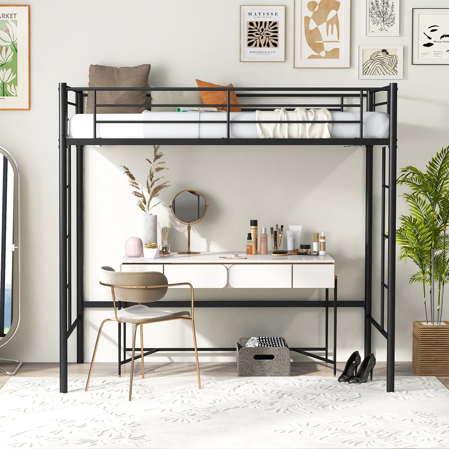 Metal Space-saving Loft Bed Frame with Full-length Safety Guardrail-Black