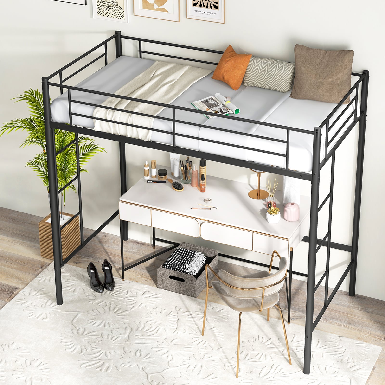 Metal Space-saving Loft Bed Frame with Full-length Safety Guardrail-Black