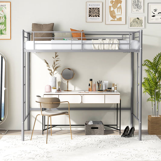 Metal Space-saving Loft Bed Frame with Full-length Safety Guardrail-Silver