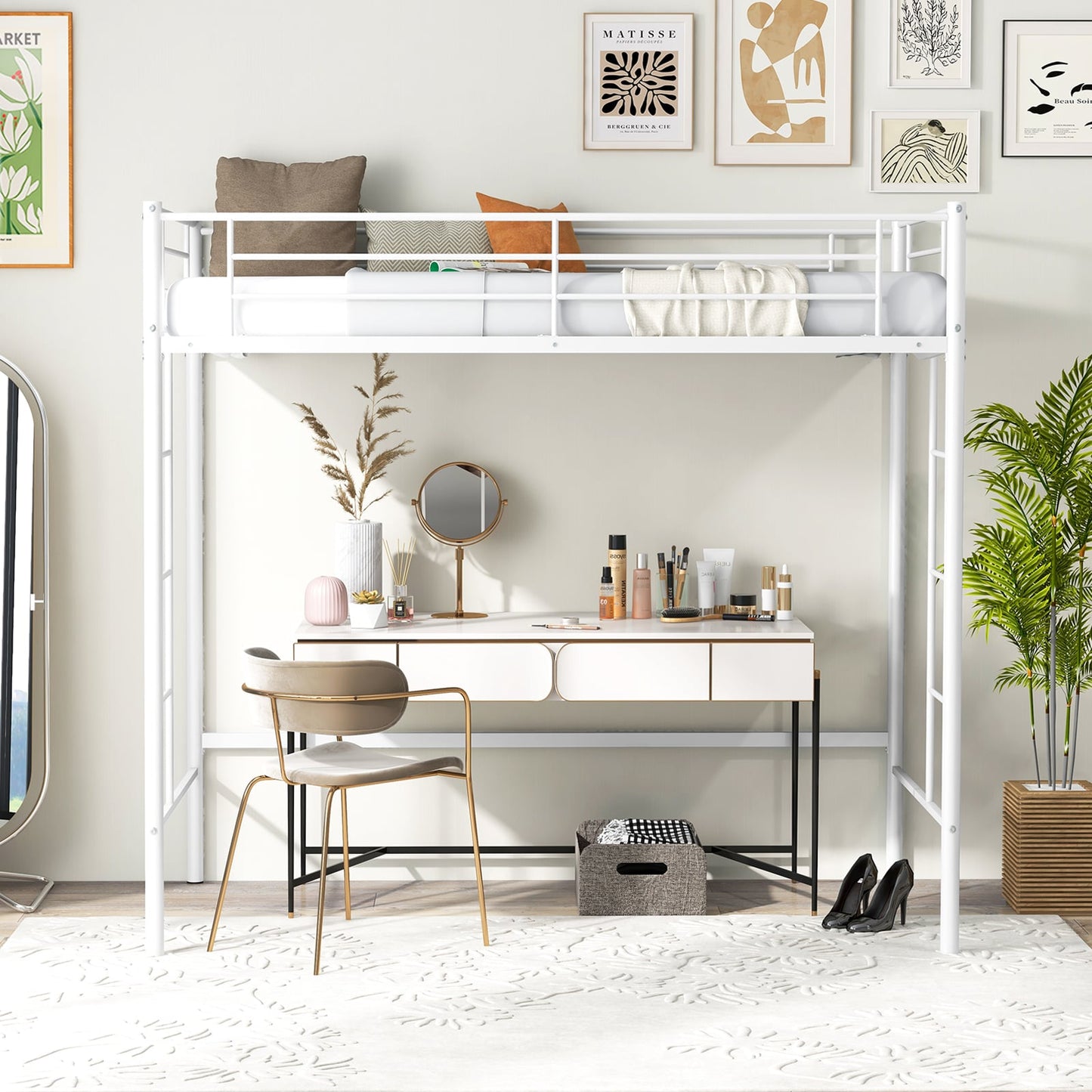 Metal Space-saving Loft Bed Frame with Full-length Safety Guardrail-White