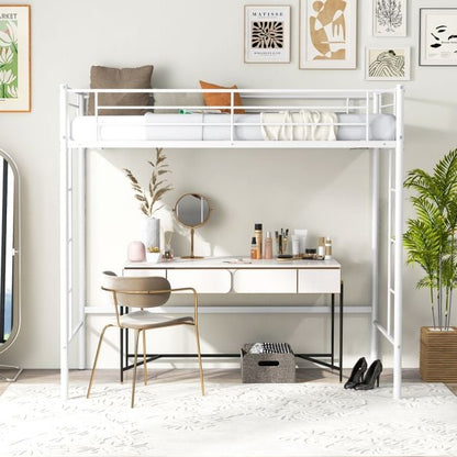 Metal Space-saving Loft Bed Frame with Full-length Safety Guardrail-White