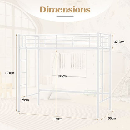Metal Space-saving Loft Bed Frame with Full-length Safety Guardrail-White