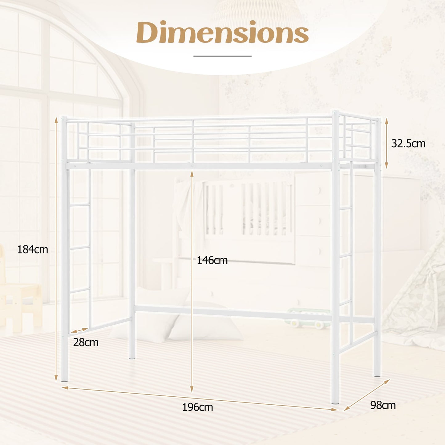 Metal Space-saving Loft Bed Frame with Full-length Safety Guardrail-White