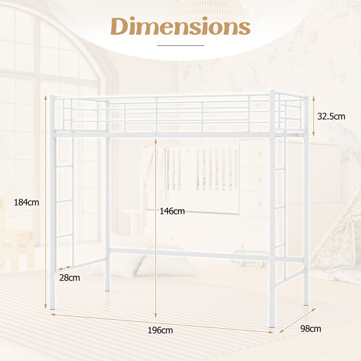 Metal Space-saving Loft Bed Frame with Full-length Safety Guardrail-White