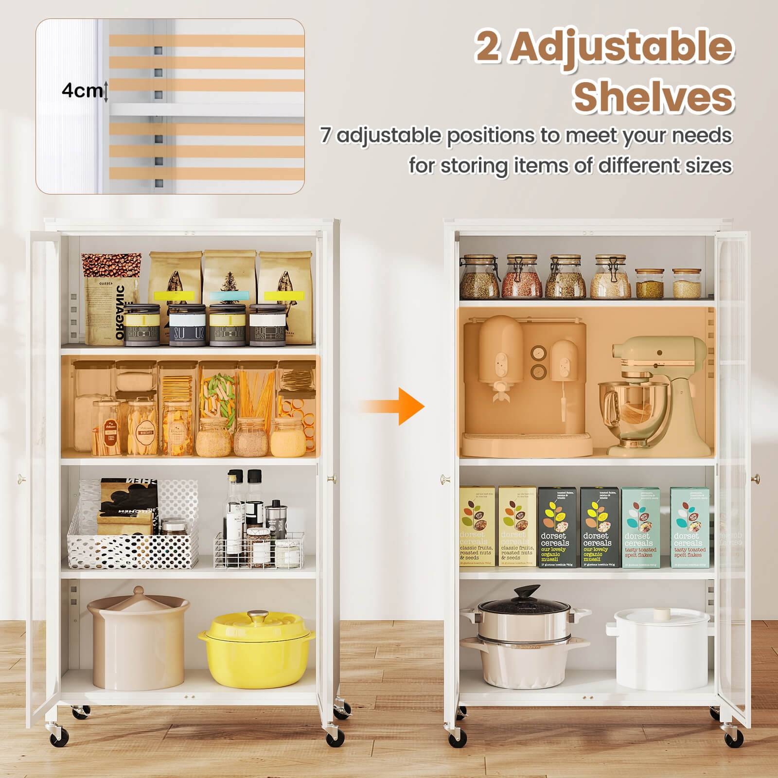 Metal Storage Cabinet with Adjustable Shelves and Lockable Wheels-White