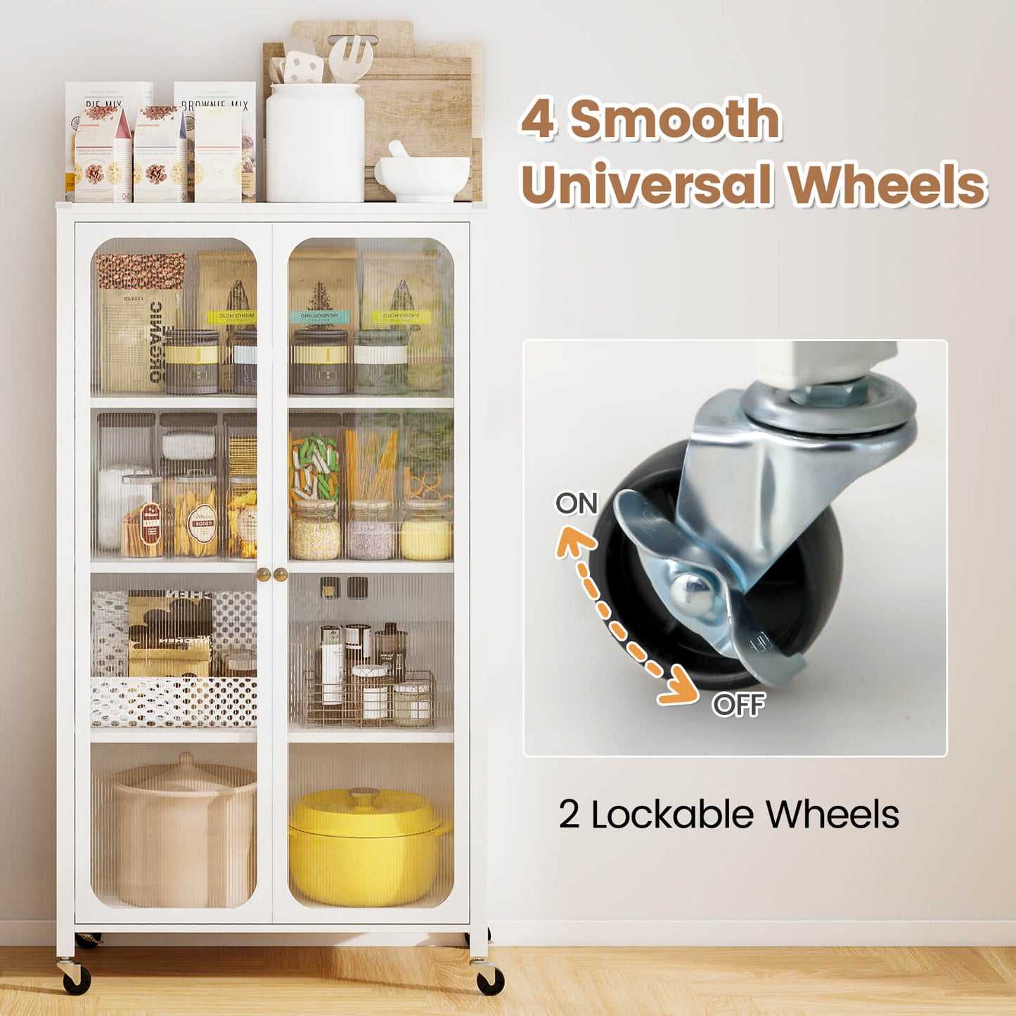 Metal Storage Cabinet with Adjustable Shelves and Lockable Wheels-White