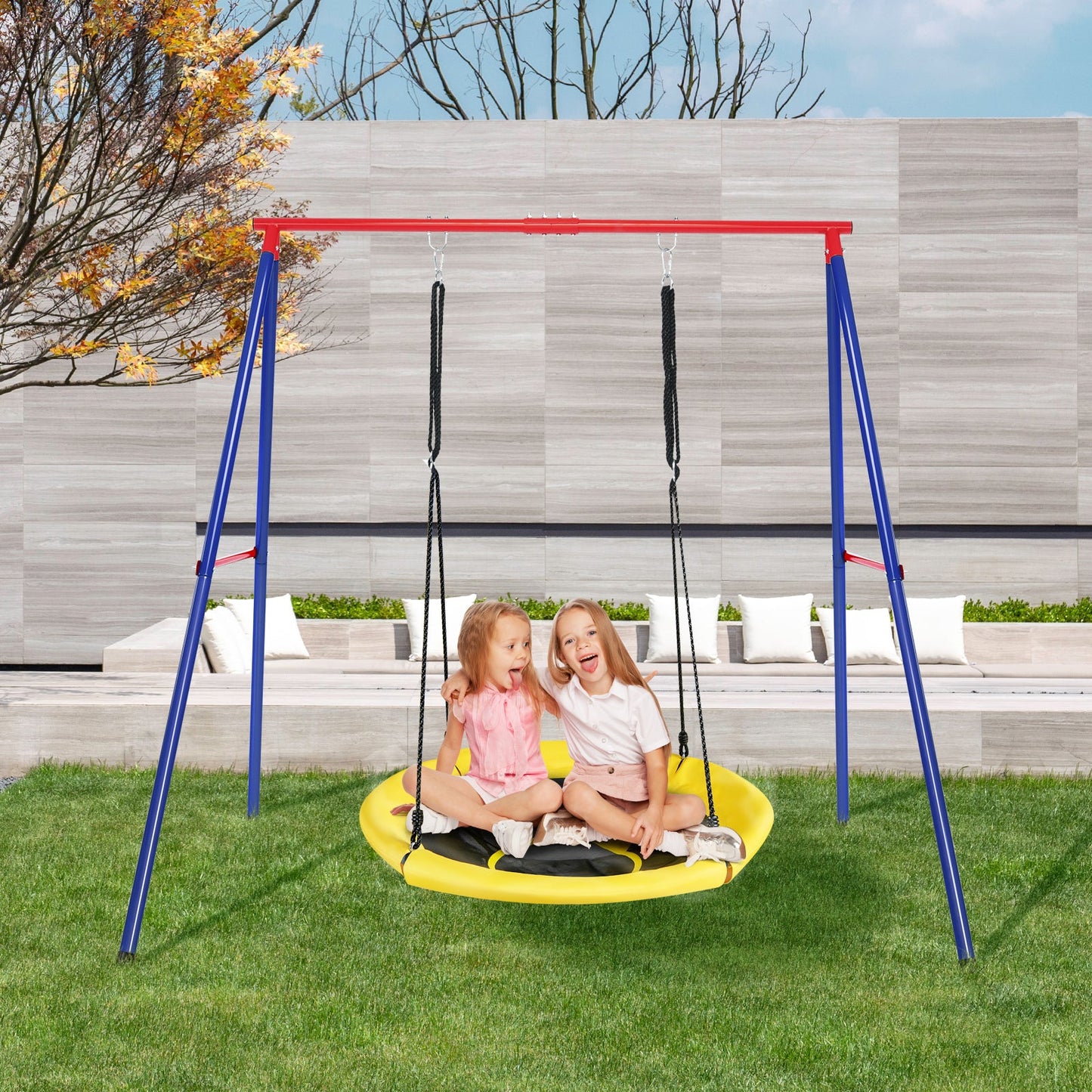 Metal Swing Frame with Ground Stakes and Carabiners-Blue &amp; Red