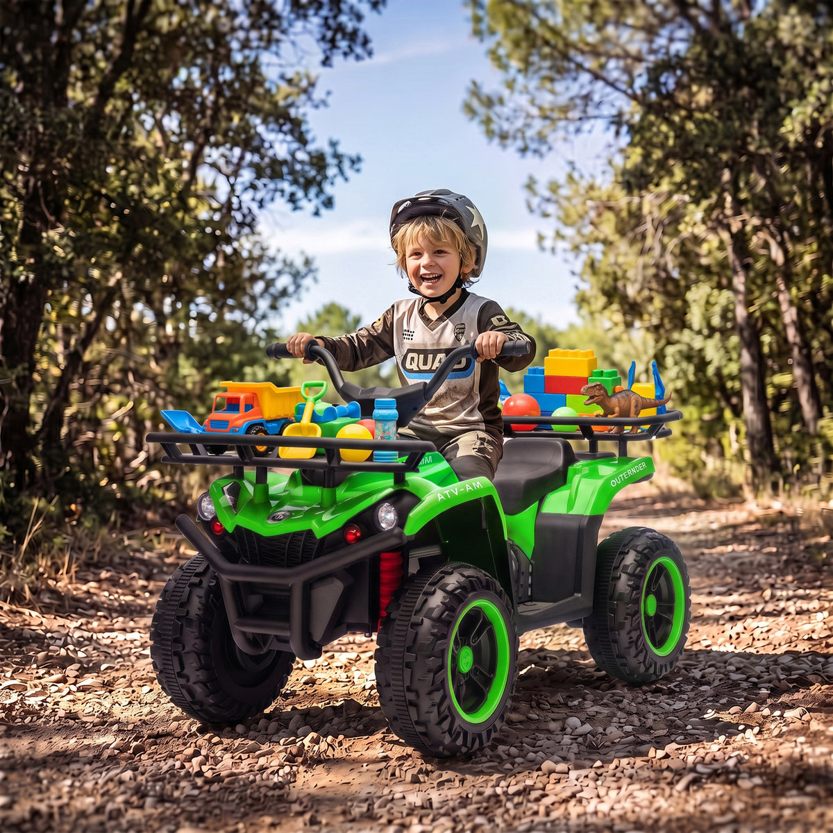 AIYAPLAY 12V Kids Electric Quad Bike, Ride on ATV with Dual Motors, Soft Start, Storage, Music, Lights for 3-8 Years, Green