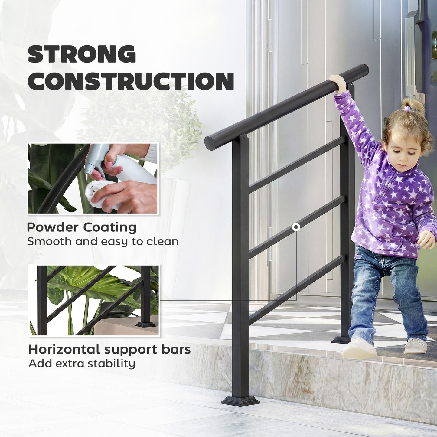 Outsunny Outdoor Handrail for Stairs, 0Â°-45Â° Adjustable Wrought Iron Exterior Handrail, Fit 1 to 3 Steps Stair Railing
