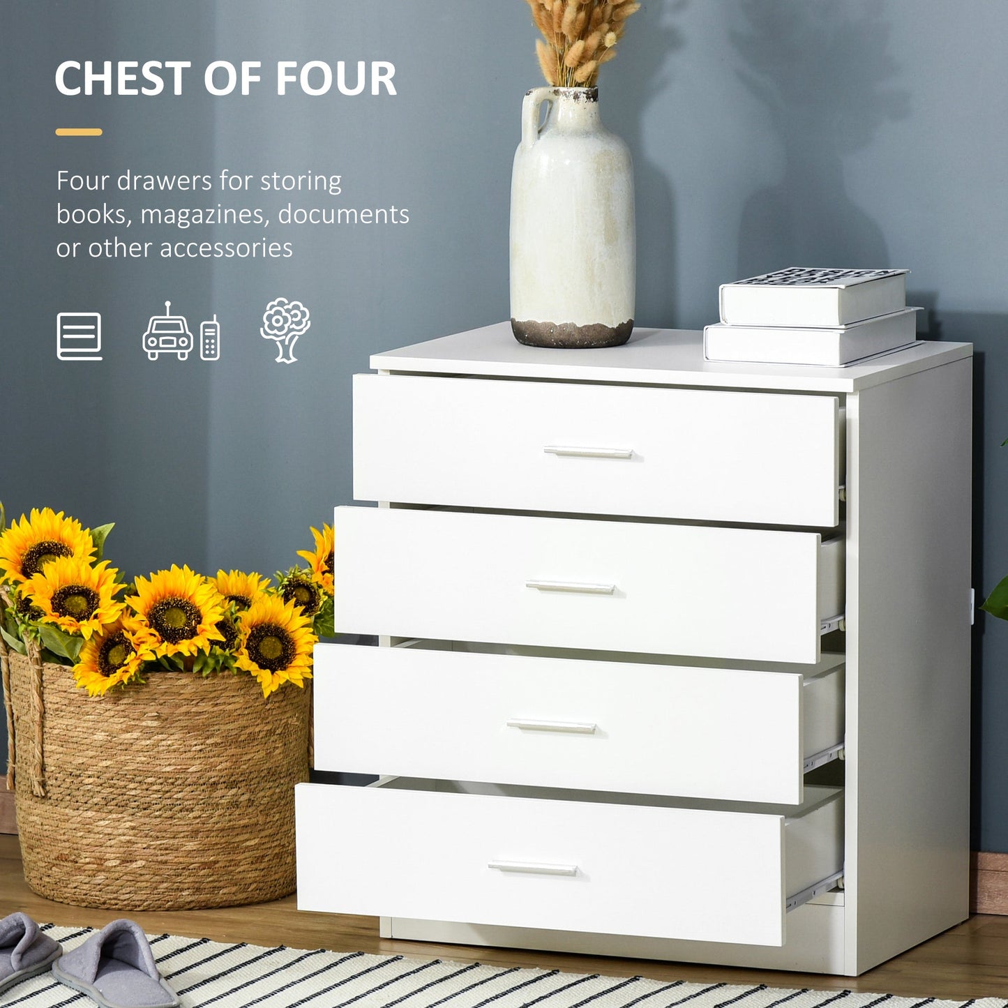 HOMCOM Chest of Drawers, 4 Drawers Storage Cabinet with Metal Rails, Anti-Tip for Playroom, Nursery Room, Hallway, etc