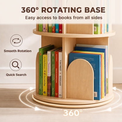 AIYAPLAY 3-Tier Rotating Bookcase, Round Kids Bookshelf Floor Standing 360° Rotating for Bedroom, Kids Room and Playroom, Natural