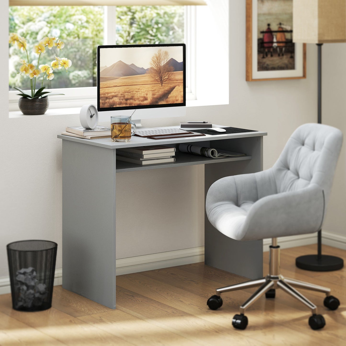 HOMCOM Modern Computer Desk, Home Office Table, Small Writing Desk with Storage Shelf, 90 x 50cm, Grey