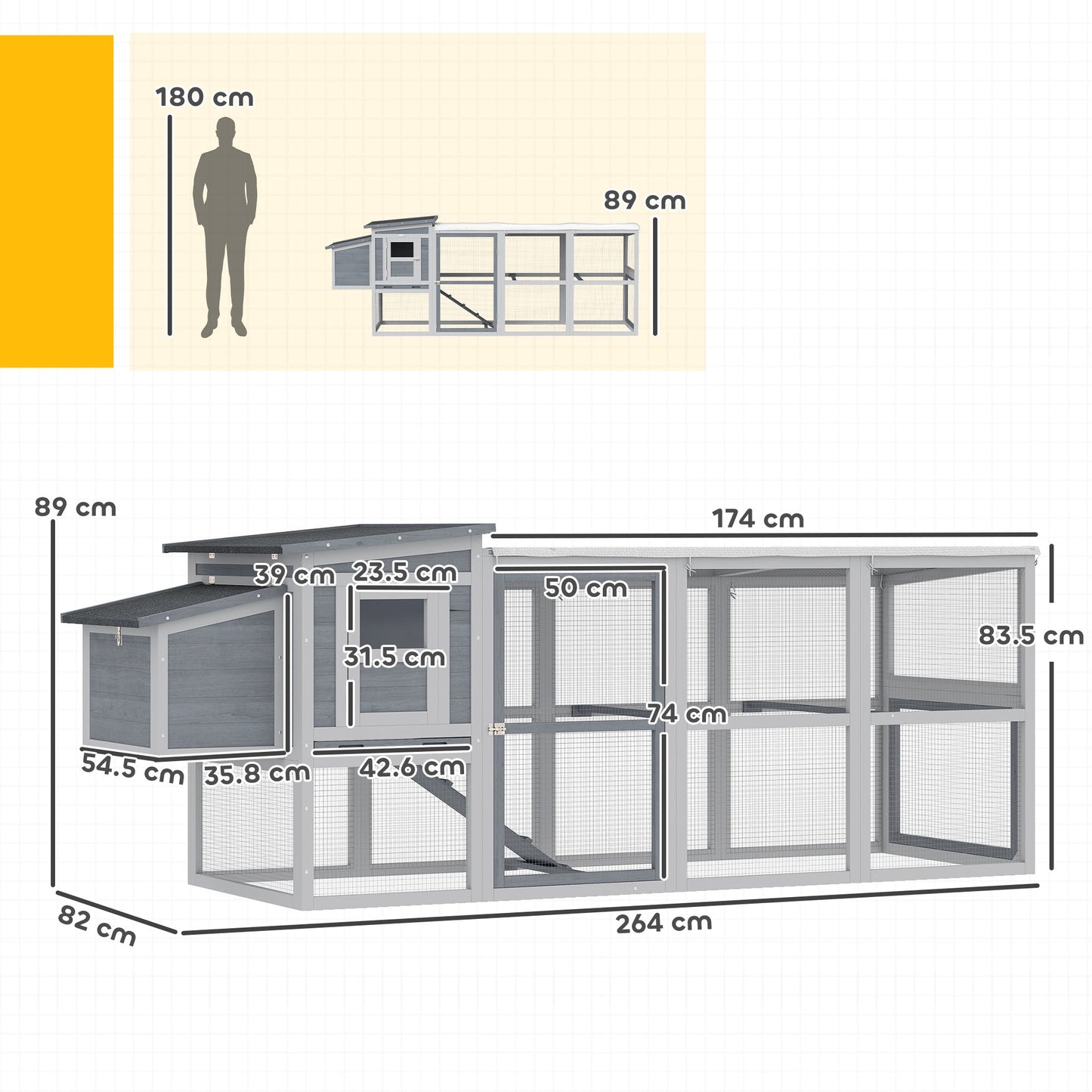 PawHut Large Chicken Coop, Wooden Hen House with Covered Run, Nesting Box, Pull-Out Tray, Opening Asphalt Roof