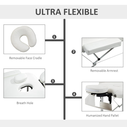 HOMCOM Foldable Massage Bed Portable Table, 3-Section Aluminium Foldable Beauty Couch, Professional Salon Spa Table with Headrest Support and Carry Bag, 81 cm Width, White