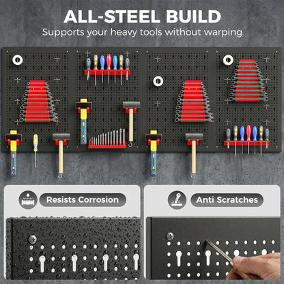 HOMCOM 38 Pcs Wall-Mounted Pegboard with 4 Boards, Garage Tool Storage Unit Black and Red
