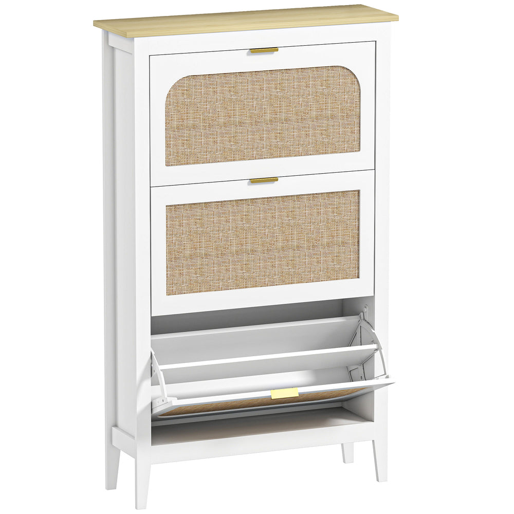 HOMCOM Narrow Shoe Cabinet, Boho Slim Shoe Storage Cabinet with 3 Flip Drawers, Holds 21 Pairs, White