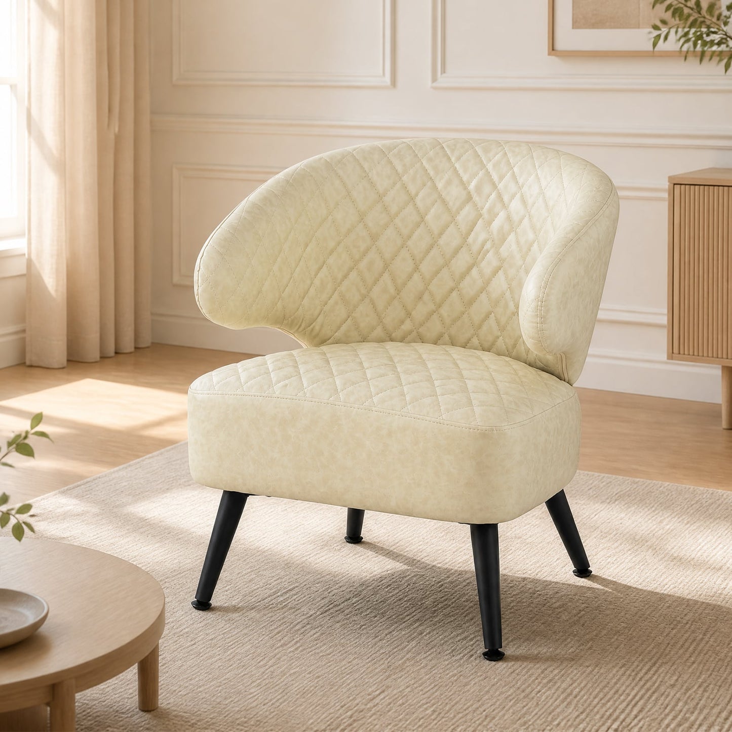 Mid Century Accent Chair Comfy PU Leather Upholstered Armchair-White