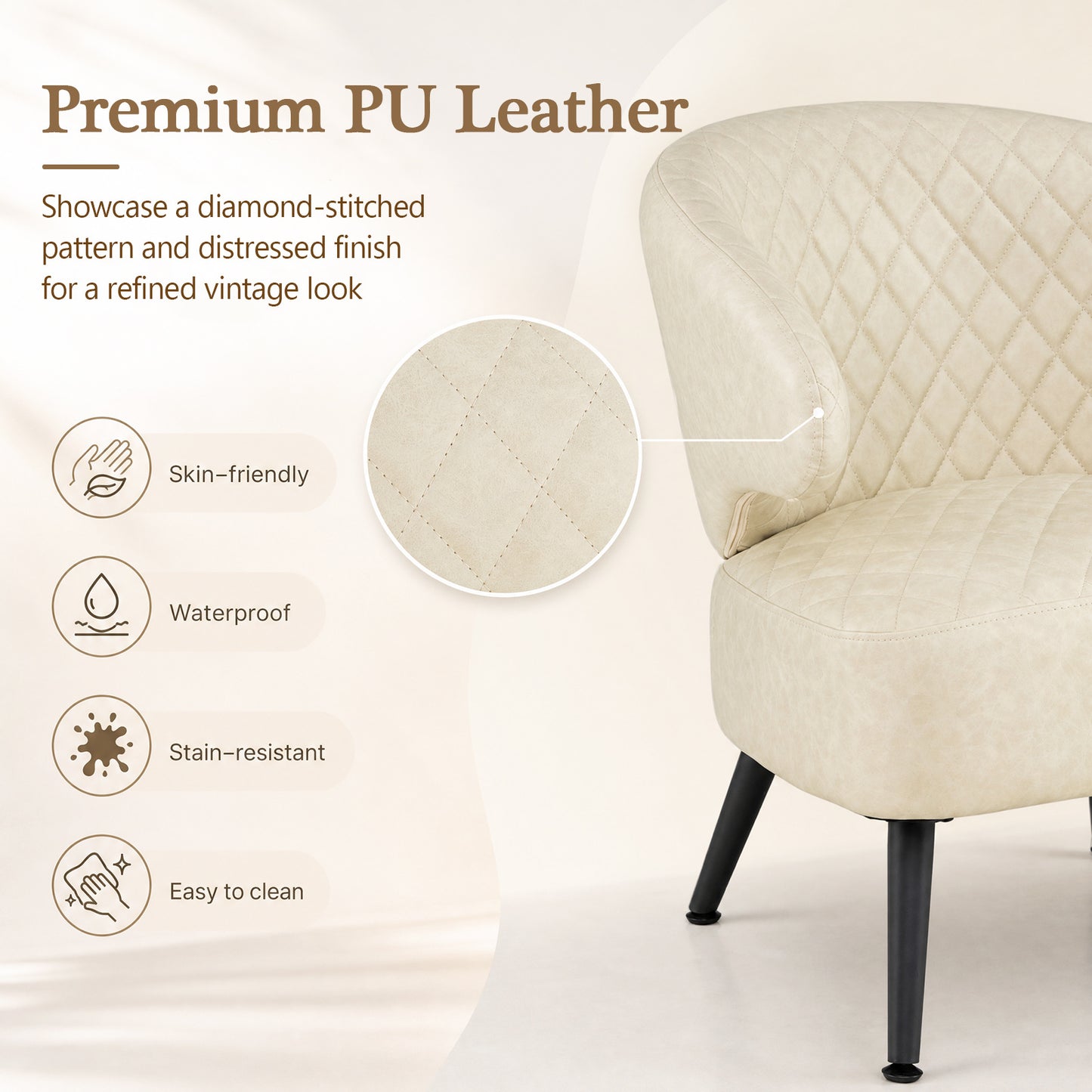 Mid Century Accent Chair Comfy PU Leather Upholstered Armchair-White