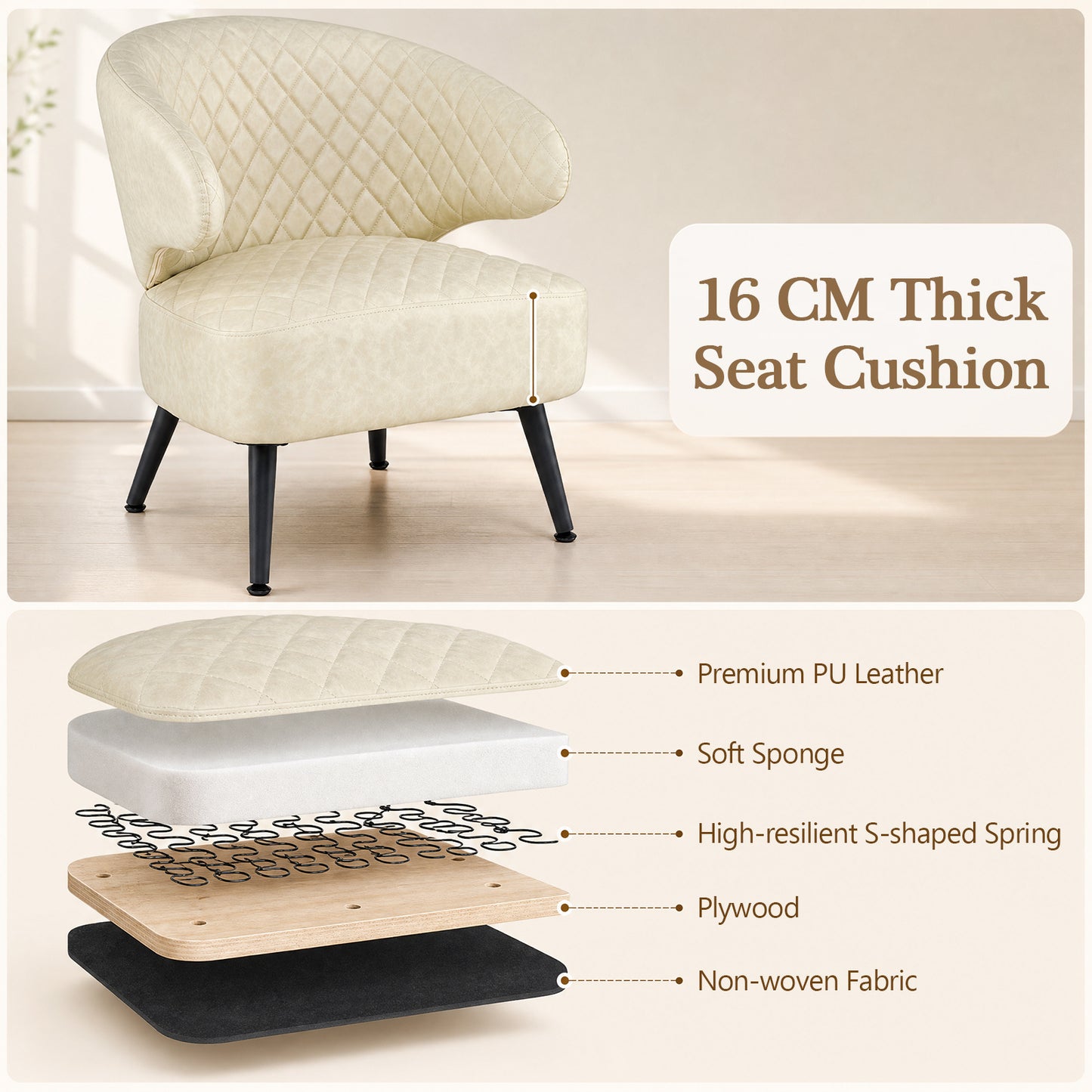 Mid Century Accent Chair Comfy PU Leather Upholstered Armchair-White