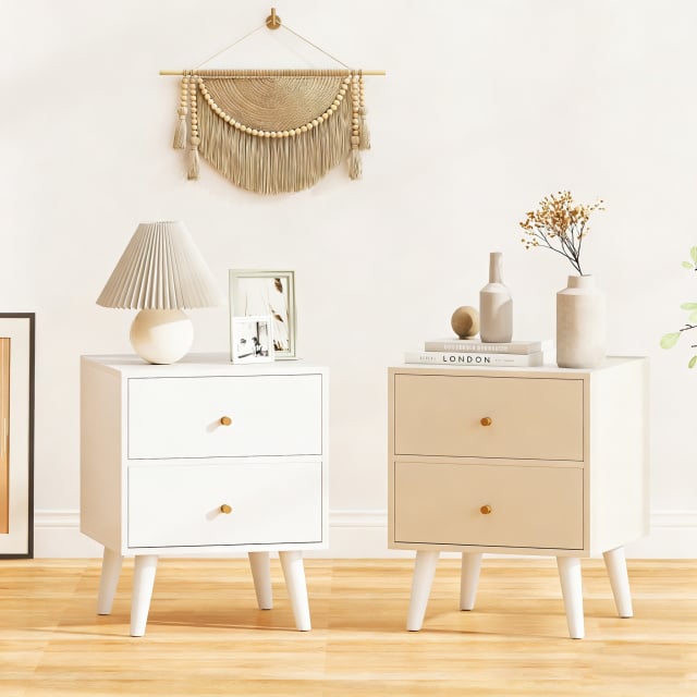 Mid Century Modern Bedside Table with Storage and Raised Support Legs Set of 2-White