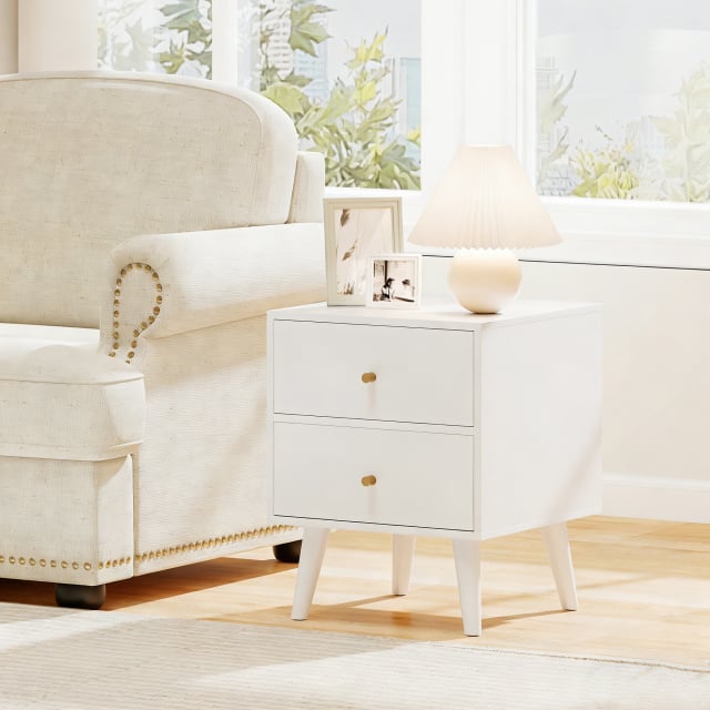 Mid Century Modern Bedside Table with Storage and Raised Support Legs Set of 2-White
