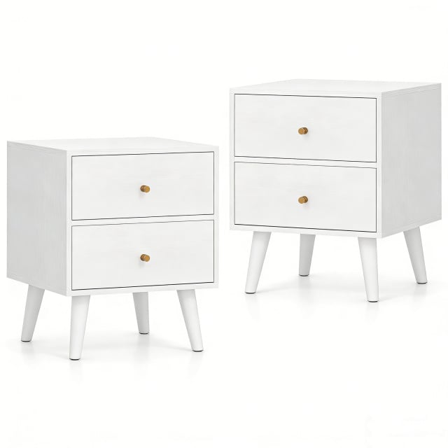 Mid Century Modern Bedside Table with Storage and Raised Support Legs Set of 2-White