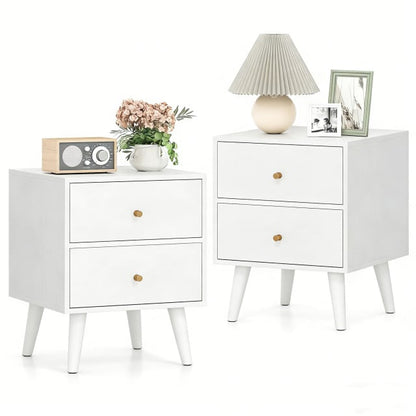 Mid Century Modern Bedside Table with Storage and Raised Support Legs Set of 2-White