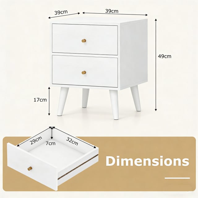 Mid Century Modern Bedside Table with Storage and Raised Support Legs Set of 2-White