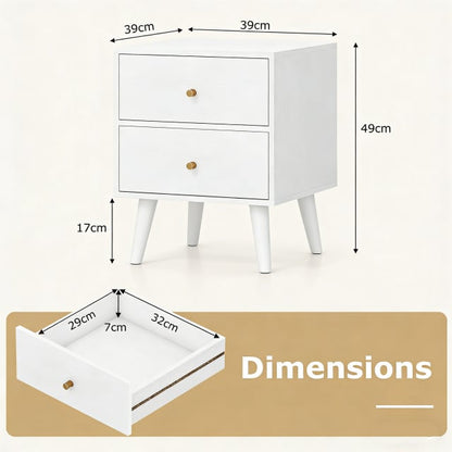 Mid Century Modern Bedside Table with Storage and Raised Support Legs Set of 2-White