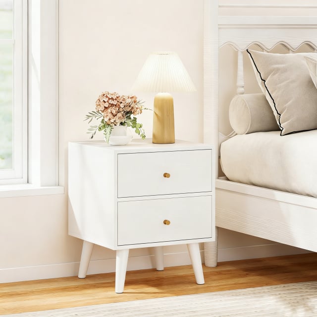 Mid Century Modern Bedside Table with Storage and Raised Support Legs Set of 2-White