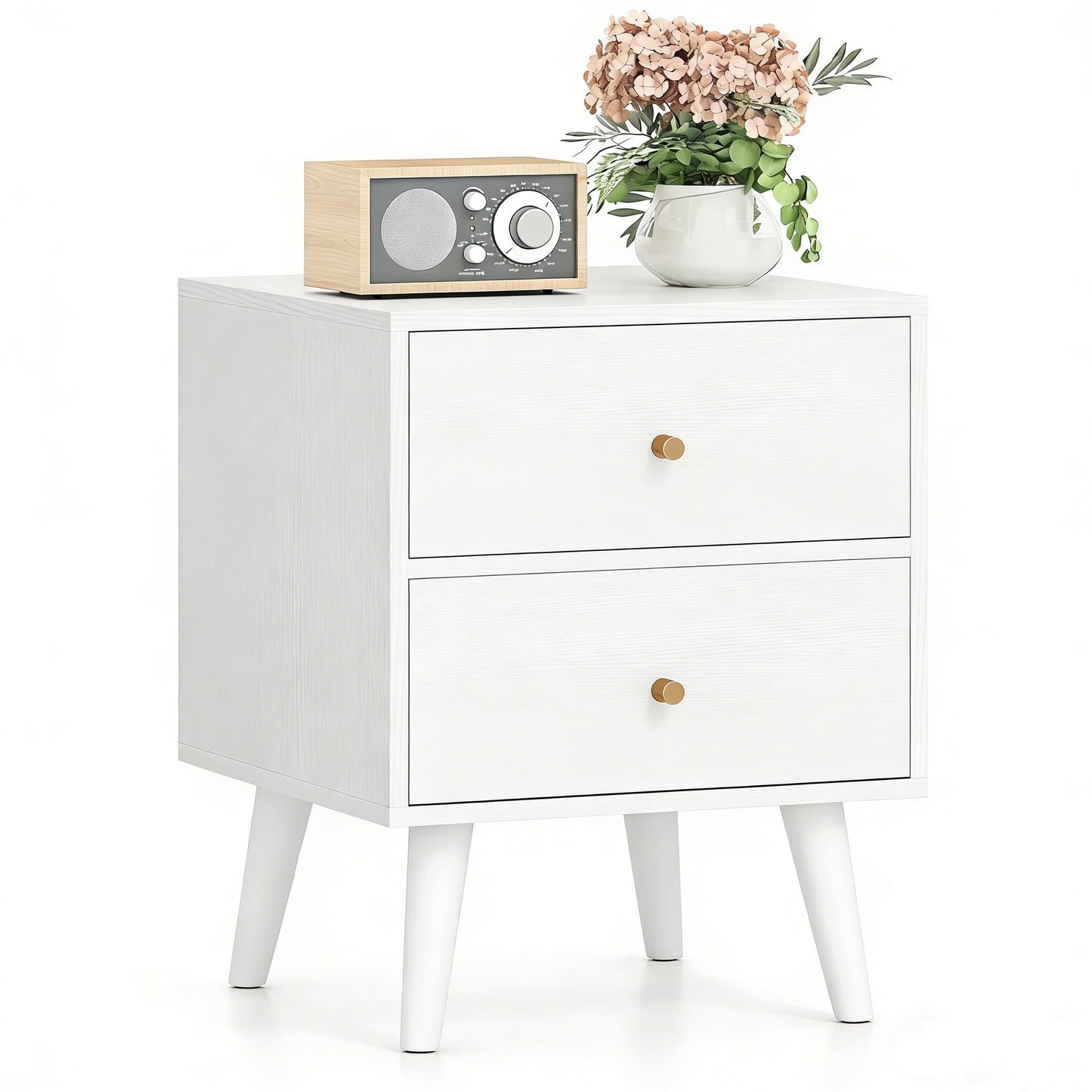 Mid Century Modern Bedside Table with Storage and Raised Support Legs-White