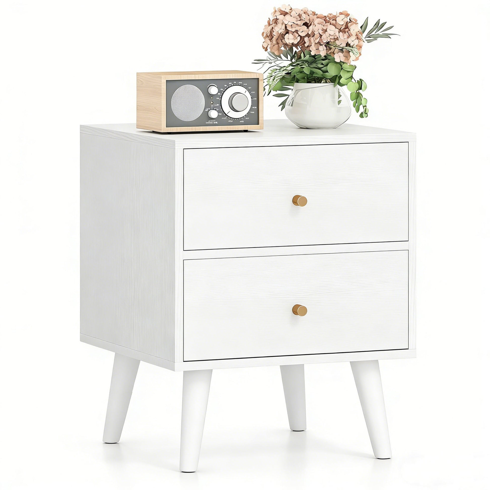 Mid Century Modern Bedside Table with Storage and Raised Support Legs-White