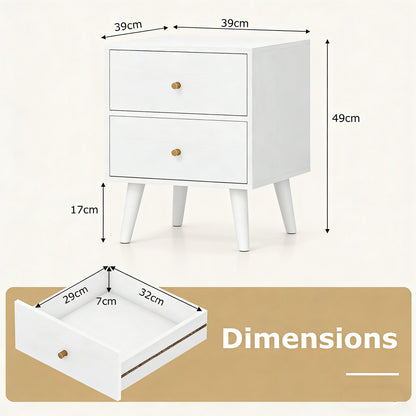 Mid Century Modern Bedside Table with Storage and Raised Support Legs-White