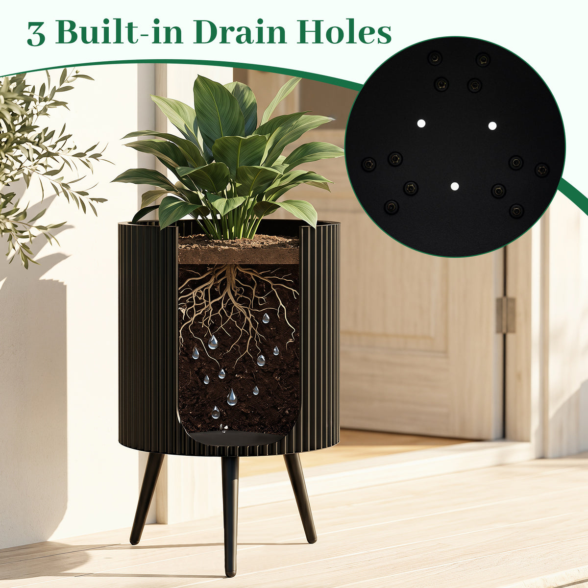 Mid-Century Modern Plant Pot with Built-in Drainage Holes and Stand-M