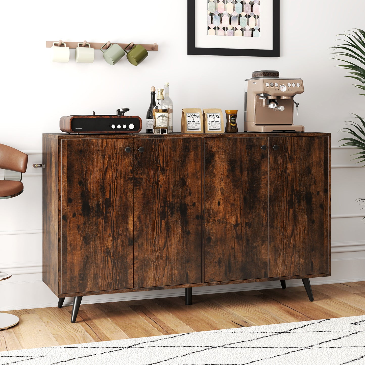 Mid Century Modern 4-Door Storage Cabinet with 5-Position Adjustable Shelves-Rustic Brown