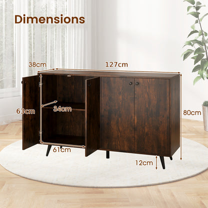 Mid Century Modern 4-Door Storage Cabinet with 5-Position Adjustable Shelves-Rustic Brown