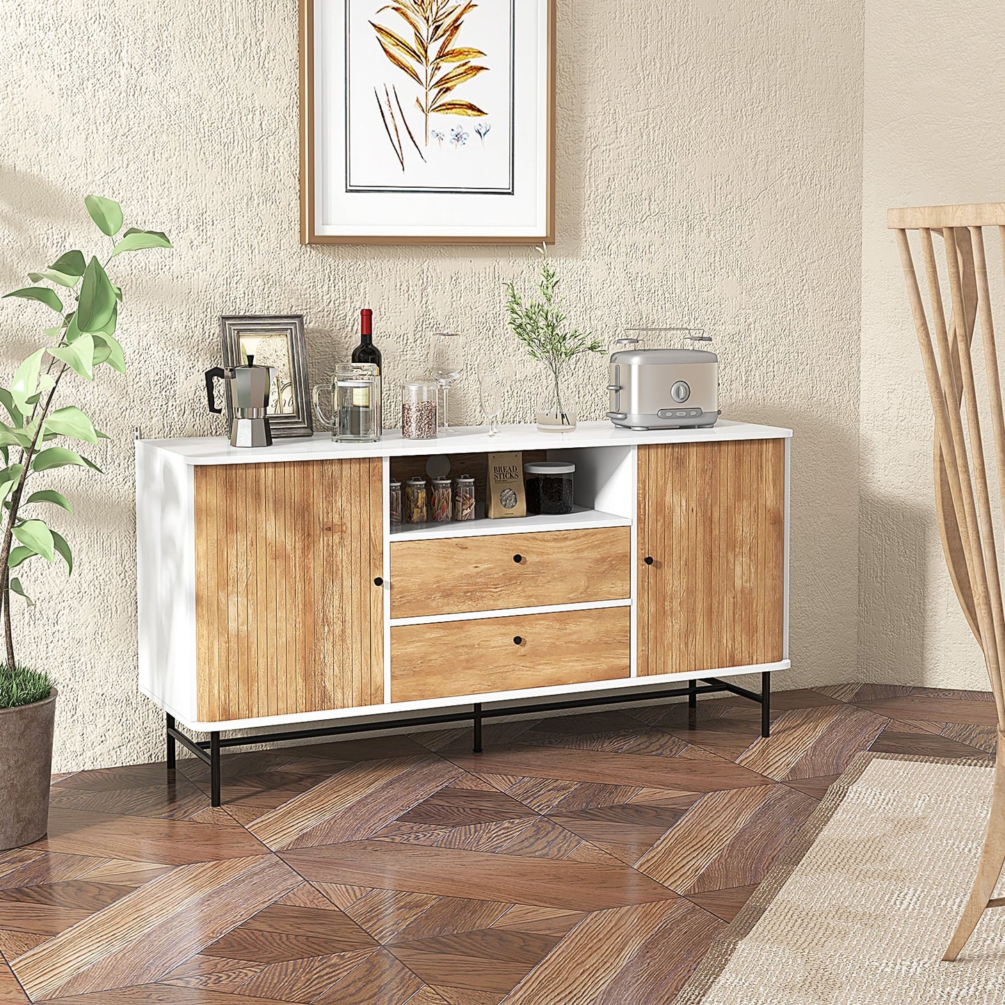 Mid Century Modern Buffet Sideboard Coffee Bar Station-White