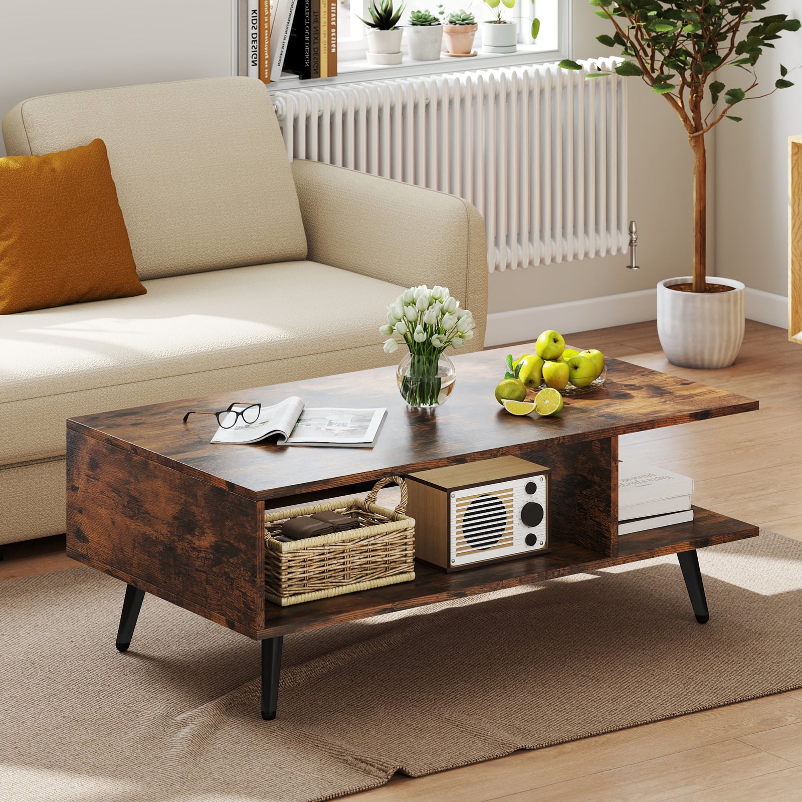 Mid Century Modern Coffee Table 2-Tier Accent Table with 2 Open Compartments-Rustic Brown