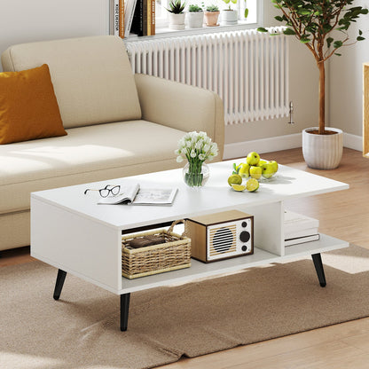 Mid Century Modern Coffee Table 2-Tier Accent Table with 2 Open Compartments-White