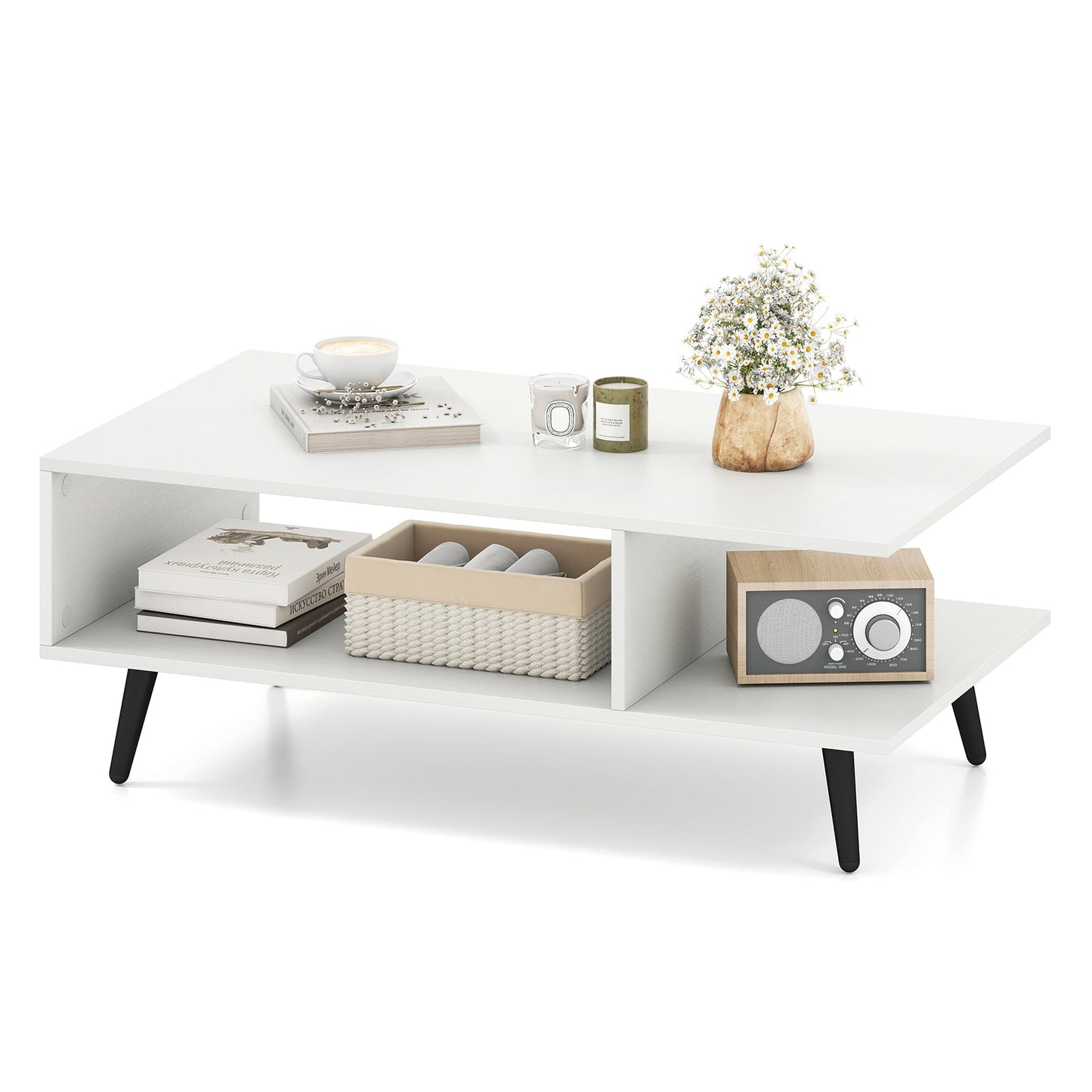 Mid Century Modern Coffee Table 2-Tier Accent Table with 2 Open Compartments-White