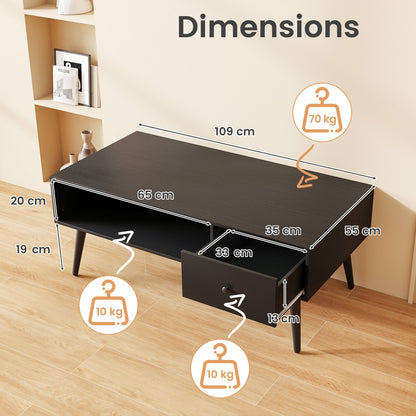 109cm Rectangular Coffee Table with Drawer and Storage Shelf-Black