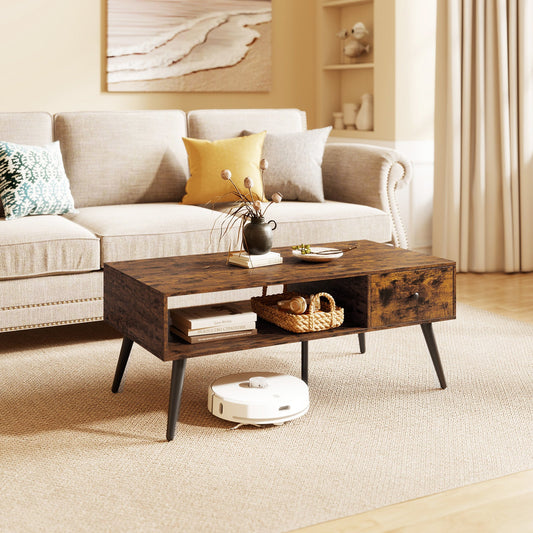 109cm Rectangular Coffee Table with Drawer and Storage Shelf-Rustic Brown